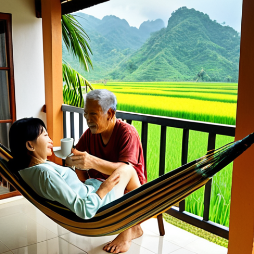 Home 11 **
Prompt: "A vibrant, sun-drenched scene of a couple in their 50s enjoying a leisurely morning coffee on the balcony of their cozy villa overlooking a lush, green rice paddy field in the Vietnamese countryside. Warm, inviting atmosphere. Focus on relaxation and contentment. Maybe a hammock visible. Soft, natural lighting. Tropical plants abundant."
**