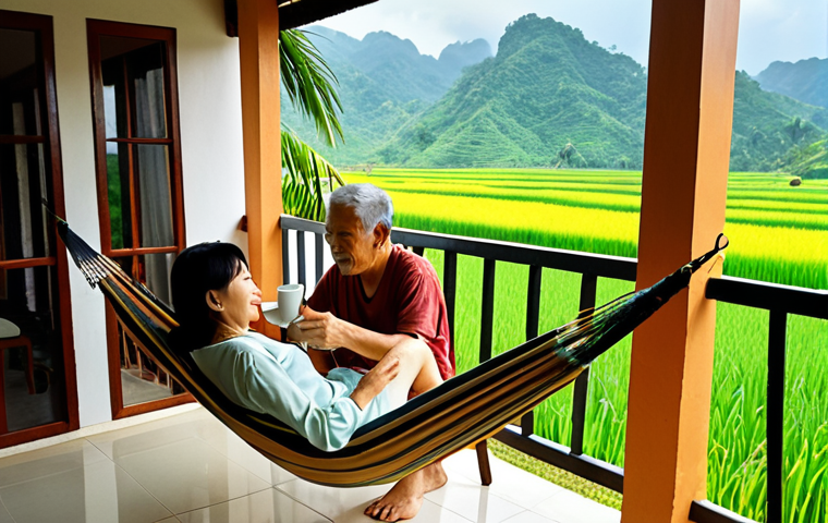 **

Prompt: "A vibrant, sun-drenched scene of a couple in their 50s enjoying a leisurely morning coffee on the balcony of their cozy villa overlooking a lush, green rice paddy field in the Vietnamese countryside.  Warm, inviting atmosphere.  Focus on relaxation and contentment. Maybe a hammock visible. Soft, natural lighting.  Tropical plants abundant."

**