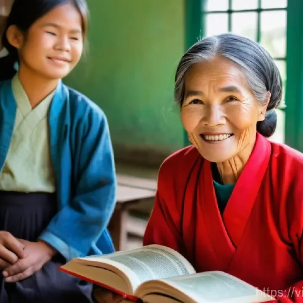 조기 은퇴 후의 사회적 기여 방법 - **Prompt:** "A heartwarming scene in a bright, rustic classroom nestled in a picturesque Vietnamese ...
