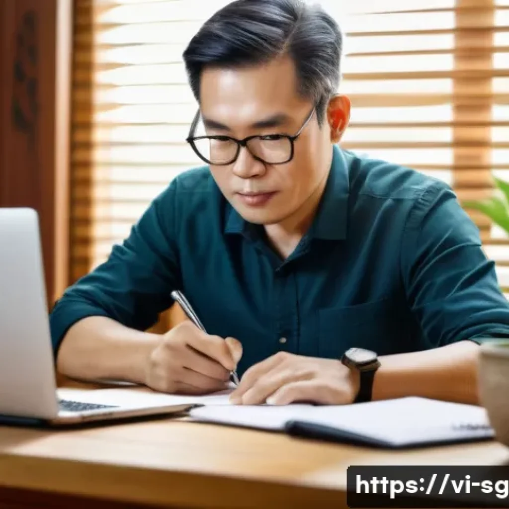조기 은퇴를 위한 재정 계획 세우기 - A Vietnamese middle-aged man sitting at a wooden desk in a cozy home office, meticulously writing do...