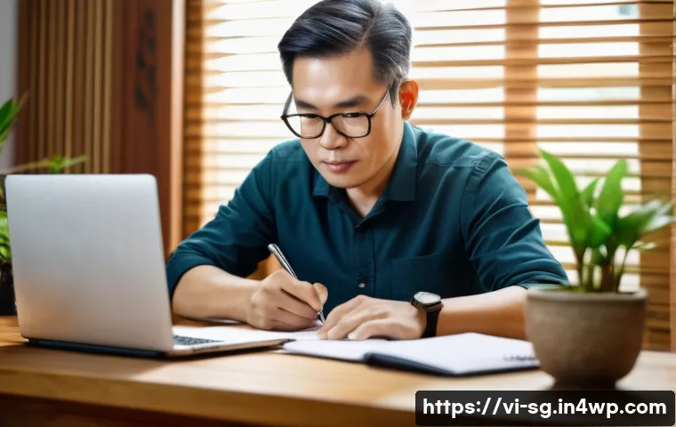 조기 은퇴를 위한 재정 계획 세우기 - A Vietnamese middle-aged man sitting at a wooden desk in a cozy home office, meticulously writing do...