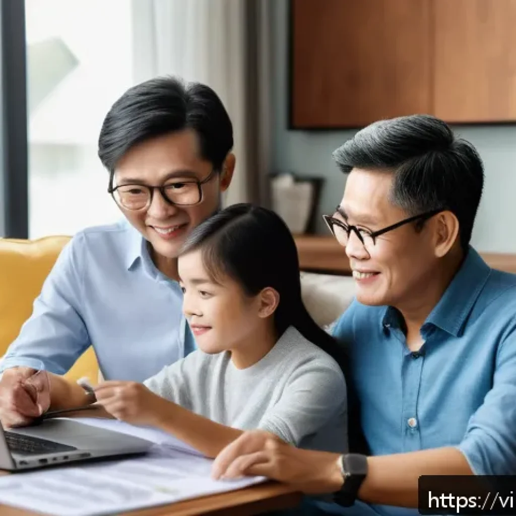 조기 은퇴를 위한 연금 활용법 - A modern Vietnamese family in a cozy living room setting, discussing retirement planning together wi...