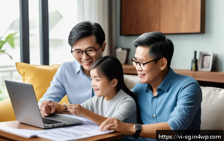 조기 은퇴를 위한 연금 활용법 - A modern Vietnamese family in a cozy living room setting, discussing retirement planning together wi...