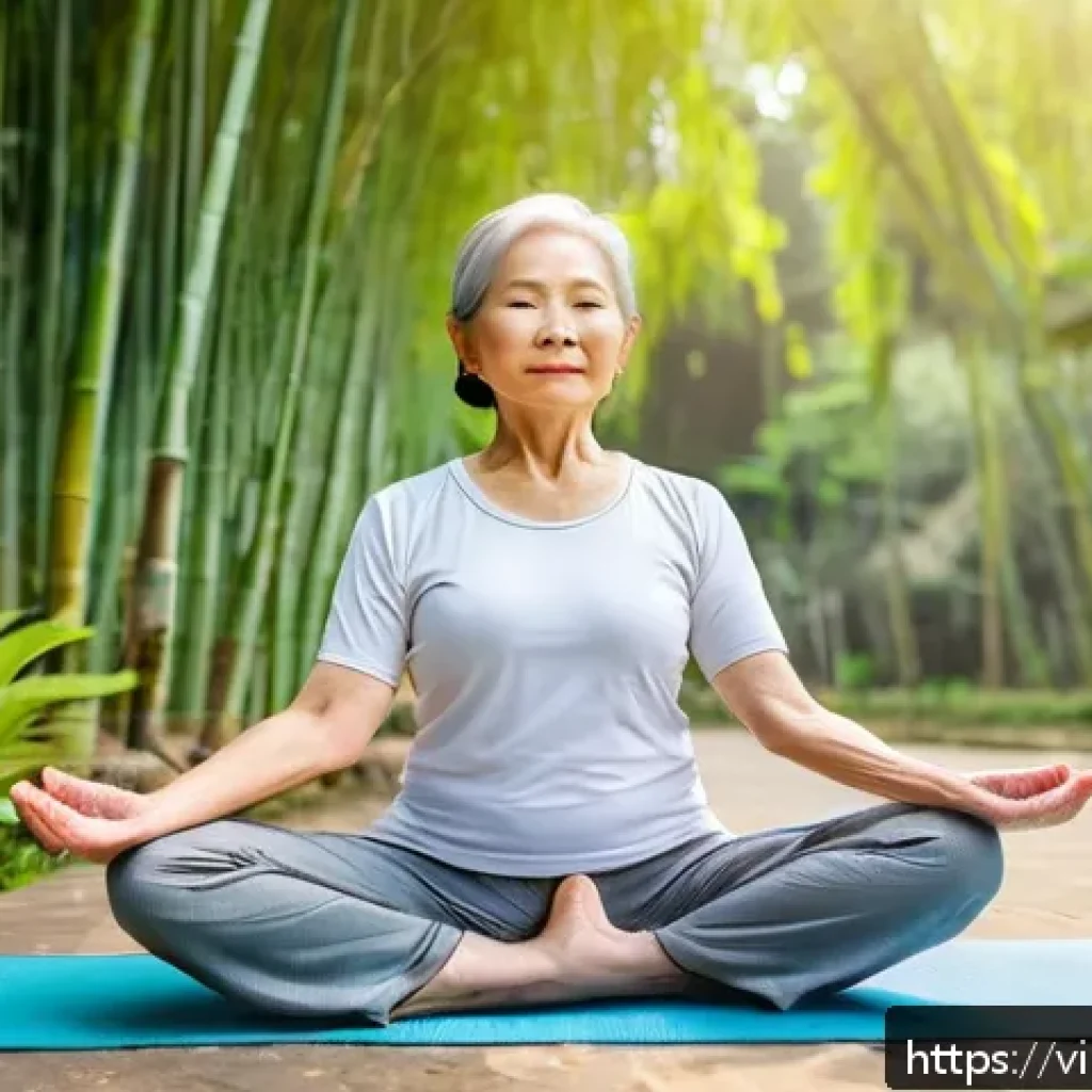조기 은퇴 후의 시간 관리 전략 - A serene Vietnamese retired woman in her 60s practicing gentle yoga outdoors in a lush green park ne...