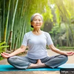 조기 은퇴 후의 시간 관리 전략 - A serene Vietnamese retired woman in her 60s practicing gentle yoga outdoors in a lush green park ne...