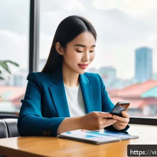조기 은퇴를 위한 디지털 금융 활용하기 - A modern Vietnamese young professional woman sitting at a cozy caf&eacute; table, using a smartphone with a...