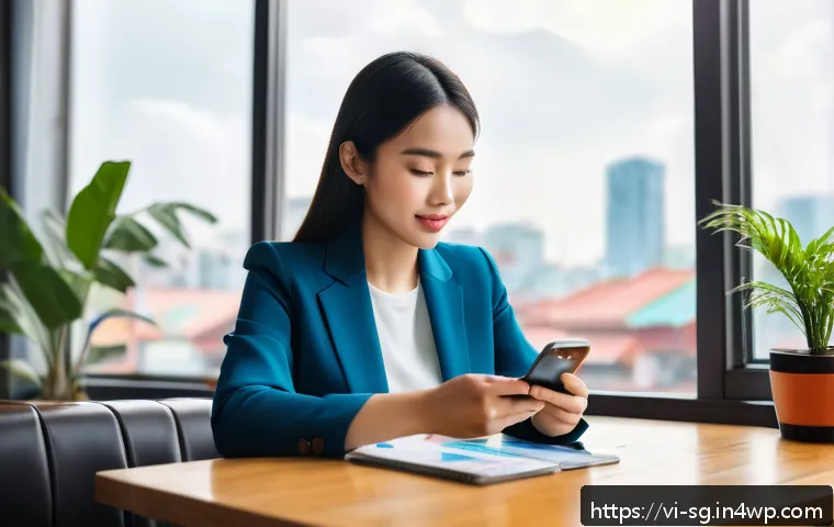 조기 은퇴를 위한 디지털 금융 활용하기 - A modern Vietnamese young professional woman sitting at a cozy café table, using a smartphone with a...