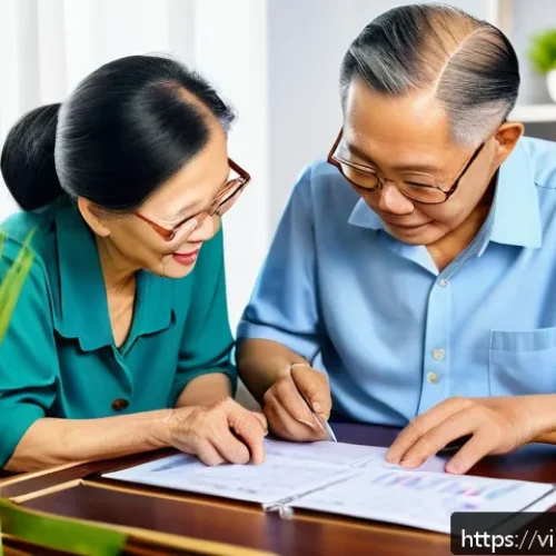 조기 은퇴 후 재정 관리 방법 - A detailed and cozy Vietnamese retiree couple sitting at a wooden table in a bright, modern living r...