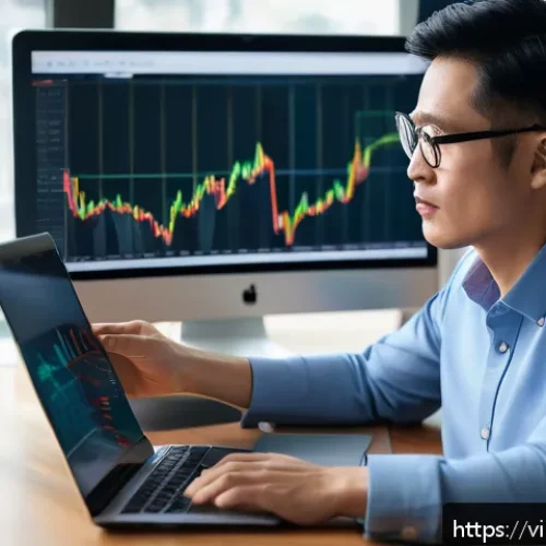 조기 은퇴를 위한 투자 교육 프로그램 - A modern Vietnamese investor analyzing stock and ETF market data on a sleek laptop at a cozy home of...