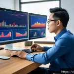 조기 은퇴를 위한 포트폴리오 성과 측정 - A professional Vietnamese investor in a modern office setting, analyzing financial charts and stock ...