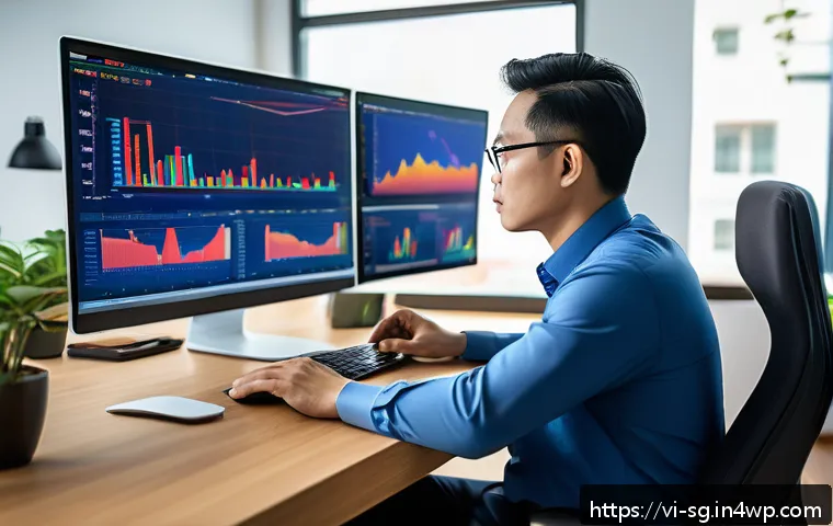 조기 은퇴를 위한 포트폴리오 성과 측정 - A professional Vietnamese investor in a modern office setting, analyzing financial charts and stock ...