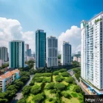 조기 은퇴를 위한 투자 신뢰도 분석 - A vibrant urban Vietnamese real estate scene showcasing modern high-rise apartment buildings and bus...
